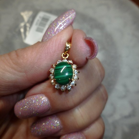 18K Gold Electroplate Malachite Swarovski Crystals Pendant - Picture 1 of 10